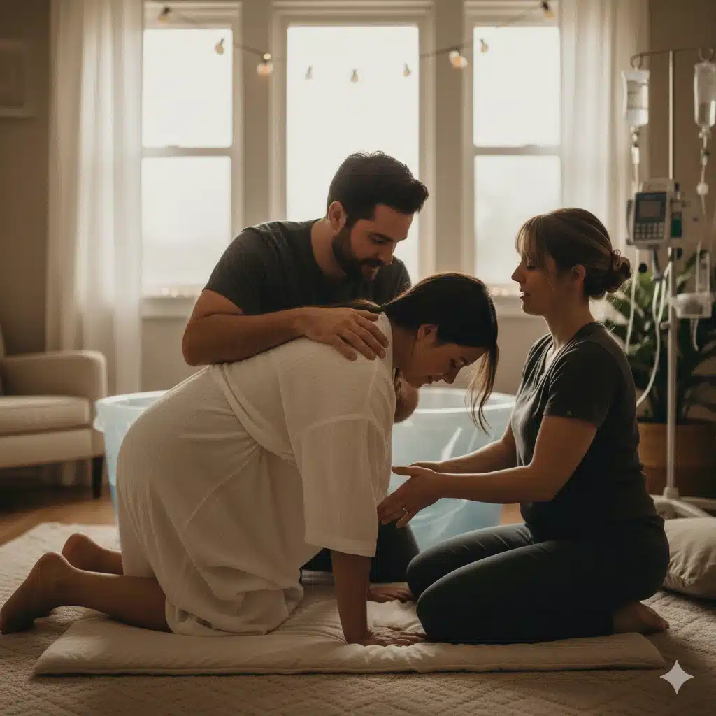 Accouchement postural physiologique avec respiration de yoga prénatal.